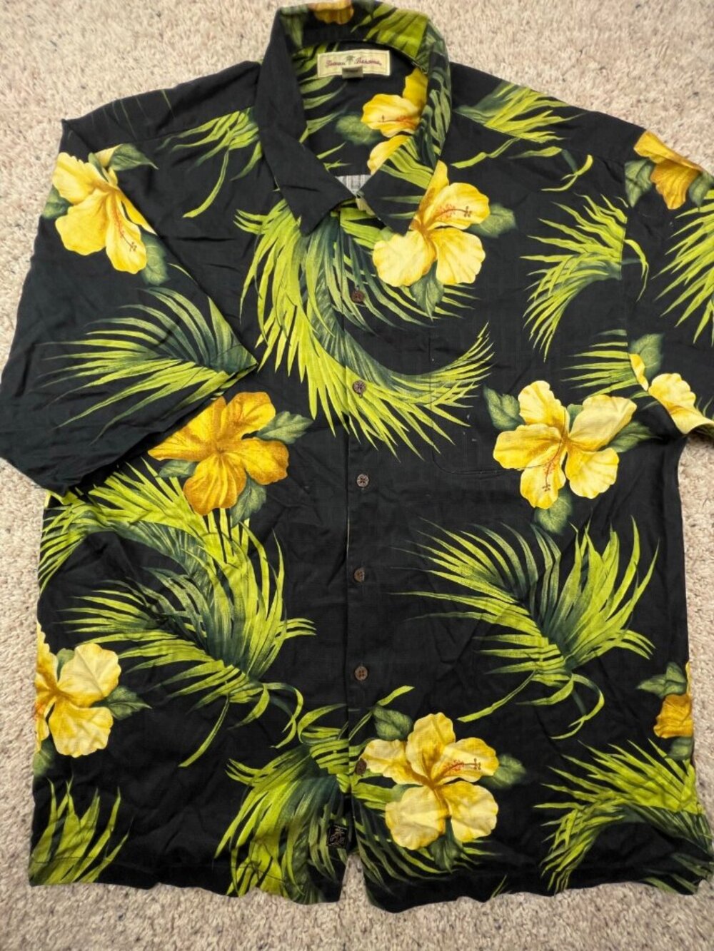 Tommy Bahama ALL SILK Hawaiian Button Up Camp Shirt Luau Floral Black Green XL
